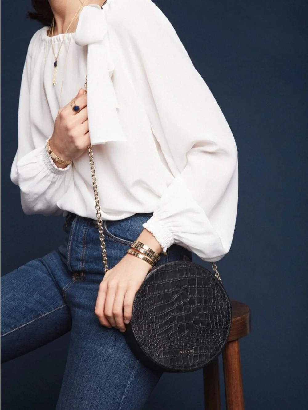 SEZANE Black Croc Embossed Leather Round Circle Crossbody Bag w/ Chain Strap
